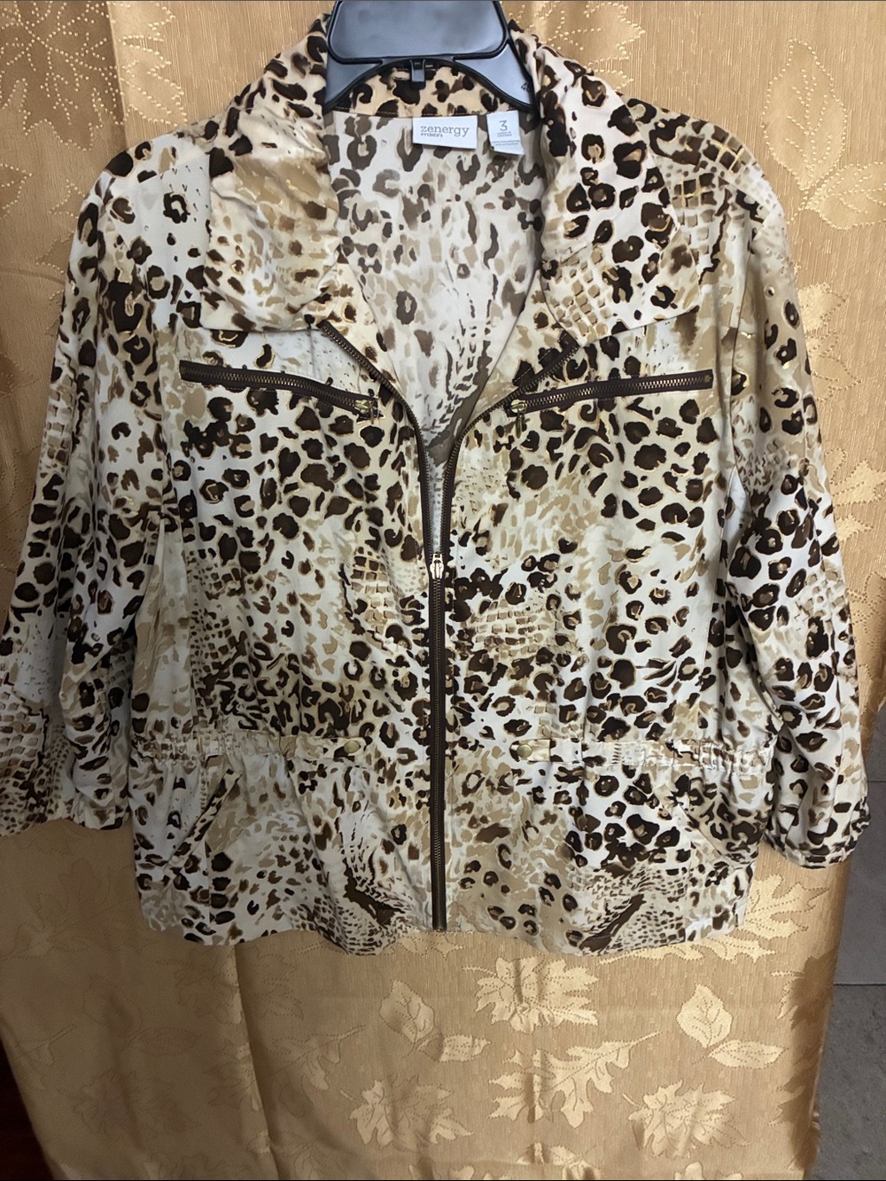 Chico's Beige and Brown Animal-Print Zip Jacket